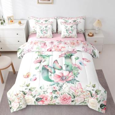 Imagem de Erosebridal Conjunto de cama infantil, monograma, letra U, solteiro, 7 peças, com letra U, para decoração de quarto de meninos e meninas, conjunto de cama de jardim e borboletas florais