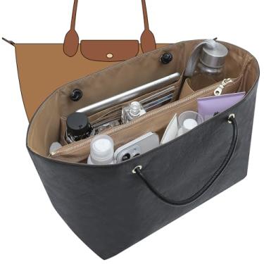 Imagem de Doxo Organizador de bolsa para Longchamp LePliage Grande, alça fixa, modelador de bolsa com guia para chave e 16 compartimentos, suporte de copo elástico atualizado (preto e marrom, G)