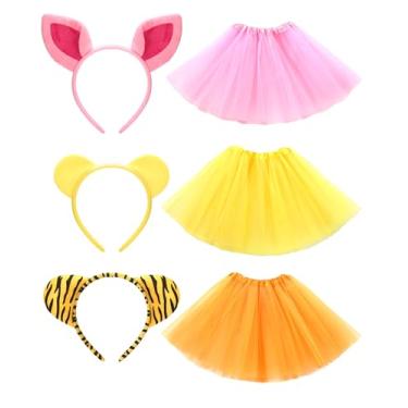 Imagem de Chicingyou 6 peças de acessórios de fantasia de urso amarelo e amigos, faixa de cabeça de orelha de urso de porco e tigre, saias tutu amarelas, rosa e laranja, fantasia de orelha de animal para