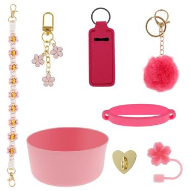 Imagem de Conjunto de 8 peças de acessórios de copo, incluindo alça de alça de garrafa de água, manga inferior, gancho de coração, conjunto de canudo de silicone, suporte de batom, chaveiro margarida para 850 g
