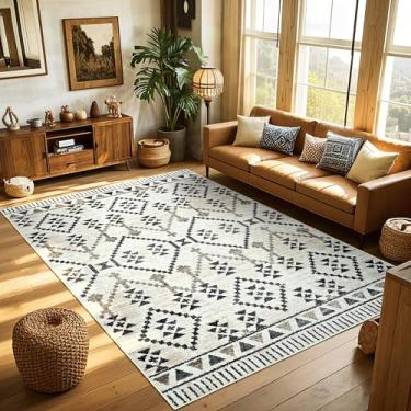 Imagem de B BENRON Tapetes Boho para sala de estar 13 x 18 cm, tapetes antiderrapantes para quarto, mesa de jantar, cozinha, tapete lavável para decoração de casa, marrom, cinza, creme, geométrico