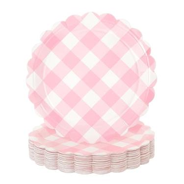 Imagem de sunepany 50 peças de pratos de papel guingão rosa, pratos descartáveis de sobremesa recortada de 22 cm para festa, casamento, Natal, chá de bebê, churrasco, rosa, aniversário, suprimentos