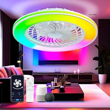 Imagem de SOGOTING Ventiladores de teto sem lâmina de perfil baixo de 61 cm com luzes, controle remoto / aplicativo inteligente Alexa, regulável RGBW, ventilador de teto embutido com 6 velocidades reversível