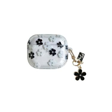 Imagem de Capa de fone de ouvido para AirPods Pro 3, linda capa floral elegante de silicone macio, transparente transparente para AirPods Pro 3 capa protetora protetora para fones de ouvido + chaveiro - preta