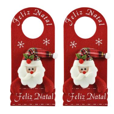 Imagem de Kit 2 Decora Maçaneta Feliz Natal Pelúcia Papai Noel Gorro Xadrez 30cm - Master Christmas