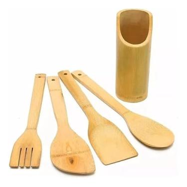 Imagem de Kit Utensílios Cozinha Bambu 5 Peças Colher Espátula Concha Natural Resistente Ecológico Cozinhar Madeira