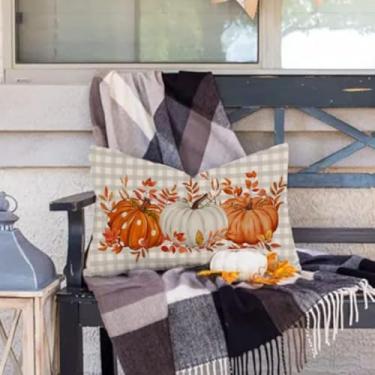 Imagem de Almofadas de outono para ambientes externos, 30,5 x 50,8 cm, à prova d'água, decorações de outono para casa, cinza, cheque de búfalo, bolinhas, abóbora, dia de Ação de Graças, fronhas decorativas para