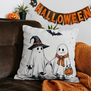 Imagem de Capa de almofada de Halloween 45,7 x 45,7 cm - 1 peça de capa de almofada para decoração de casa e decorações de Halloween ao ar livre, estampa de fantasmas fofos de mãos dadas e morcego para sofá