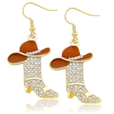 Imagem de Western West Cowgirl Texas Boots Spur Brincos pendentes Country Concert Outfit Accessories Rodeo Boho fantasia vestido chique, botas douradas, chapéu marrom