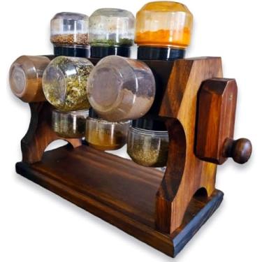 Imagem de Porta Condimentos de Madeira com Manivela, Giratório com 12 Potes - Design Clássico e Funcional para Sua Cozinha