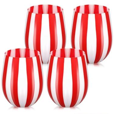 Imagem de Vesici 4 peças de taças de vinho de Natal sem haste de 527 g com tema de bengala doce de Natal com listras vermelhas e brancas para festas de Natal, decoração de inauguração de casa, presente para a