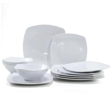 Imagem de Conjuntos de louça de melamina, conjuntos de louça quadrada, pratos e tigelas de cor branca para 4, inquebrável e lavável na lava-louças, livre de BPA