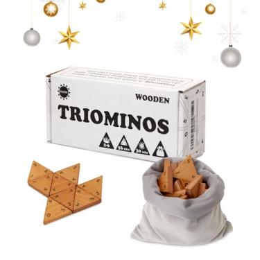 Imagem de Triominos - Strategy and Puzzle Board Game, Wooden Triangular Tiles with Bag, Set 56 Pieces with Numbers, Tabletop Family Game