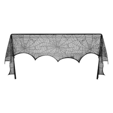 Imagem de Cachecol de cornija de Halloween, caminho de mesa de teia de aranha de renda preta, centro de mesa de toalha de lareira para bar em casa, casamento gótico, tema assustador, restaurante, colheita