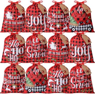 Imagem de Capoda Conjunto de 12 sacos de presente de Natal com cordão vermelho e preto de búfalo xadrez com 24 etiquetas de papel kraft, bolsas de doces de Natal, decoração de presente de Natal, lembrancinhas