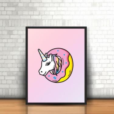 Imagem de Quadro com Moldura  Unicórnio Donut Rosa Rosquinha Desenho - Plinplin