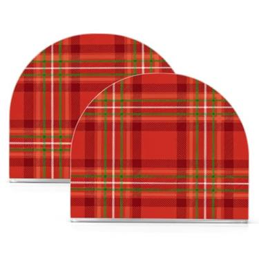 Imagem de ATTX Pacote com 2 porta-guardanapos de Natal acrílico com design de padrão xadrez vermelho - organizador de mesa decorativo para cozinha, restaurante, decoração de férias de casa #279