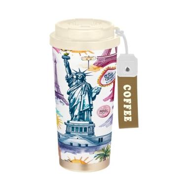 Imagem de SEHANY American Famous Landmarks Caneca de viagem de 482 g Copos de café reutilizáveis revestidos de cerâmica com tampa à prova de vazamento, parede dupla, isolamento a vácuo, copo de café de aço