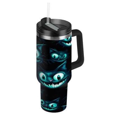 Imagem de Blueangle Copo de olho de gato neon azul de 850 g com alça e tampa de palha, caneca de viagem de aço inoxidável isolada a vácuo de parede dupla, garrafa de água reutilizável para academia de