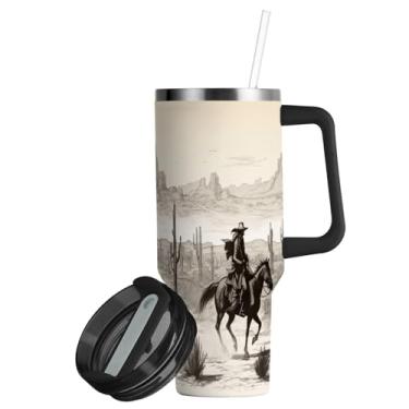 Imagem de ATTX Copo caubói americano de 850 g com alça, copo de aço inoxidável a vácuo de parede dupla com palha, caneca de café de viagem isolada #690