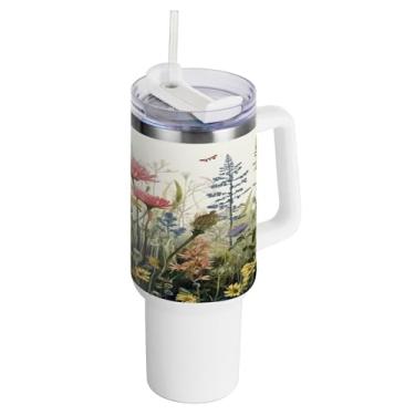 Imagem de xigua Copo vintage de flores silvestres de 1,134 g com alça e canudo, aço inoxidável duplo isolado a vácuo garrafa de água suporte de copo de garrafa de água amigável à prova de vazamento copo de