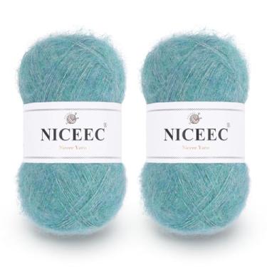Imagem de NICEEC 2 novelos de fio de mohair de pelo longo, fofo e felpudo, luxuoso e fino, fio de mistura de lã para crochê e tricô, total de 79,9 g/788 m - azul cachoeira