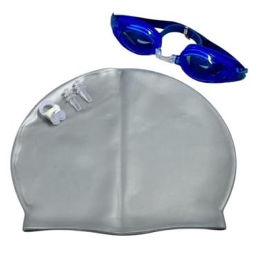 Imagem de Touca de Silicone，Kit De Natacao com Touca Silicone E Oculos Para jovens E Adultos(Cinza(touca)+Azul escuro(óculo)