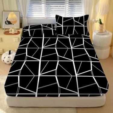 Imagem de Jogo De Lençol 2 Peças Solteiro e 3 peças Casal Geométricas Micropercal 400 Fios Estampado(Marmorizado preto,CASAL 03 Peças)