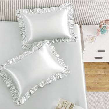 Imagem de Homiest Jogo de lençol com elástico de 3 peças de fronhas com babados e cetim, cinza claro com 2 fronhas com babados, bolso profundo de 38 cm, jogo de cama fofo e coquete de seda para decoração de