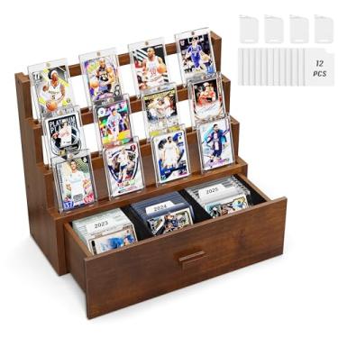 Imagem de Emfogo Expositor de cartão colecionável, estojo de exibição de cartão de 3 camadas com gaveta personalizada, visor de cartão de classificação de madeira com suportes e divisórias de cartões, estojo de