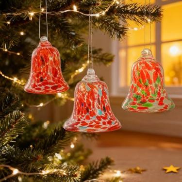Imagem de 3 peças de enfeites de sino de vidro de Natal soprados à mão sem palmas, para árvores de Natal, grinaldas, guirlandas, decoração de casa e festa (vermelho)
