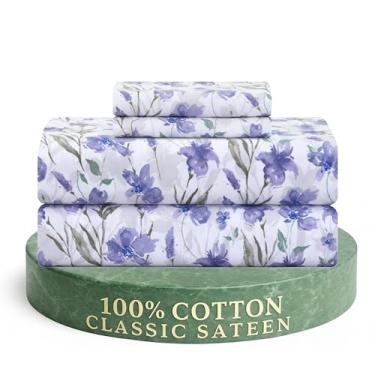 Imagem de Feather & Stitch Conjunto de lençóis 300TC tamanho casal 100% algodão cetim estampado, conjunto de lençóis de cama refrescantes e respiráveis, 4 peças de 40,6 cm bolsos profundos elásticos, qualidade