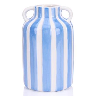 Imagem de Vaso de cerâmica listrado com alças (azul e branco)