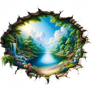 Imagem de MaiKeAYang Decalques de parede 3D murais removíveis vinil paredes decorações céu azul nuvens brancas floresta rio para sala de estar quartos de bebê quarto banheiro casa parede decoração DIY