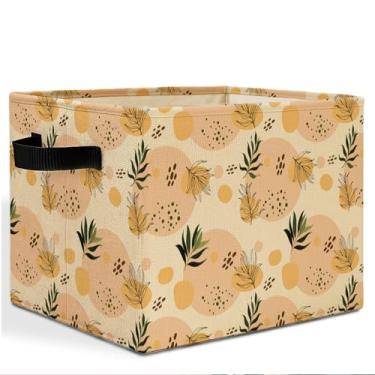 Imagem de HSIASHENG Boho Caixa de armazenamento abstrata de folhas de plantas com alças, cesto de roupa suja moderno de meados do século laranja e bege, organizador de brinquedos para quarto, banheiro