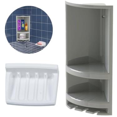 Imagem de Suporte de Canto Cantoneira Porta Shampoo Cinza + Saboneteira Plástica de Parede Sobrepor Branca