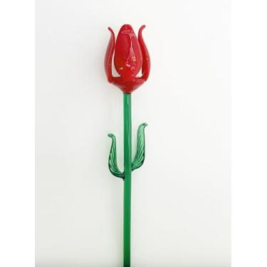 Imagem de YISSEN RISEON Hand-Blown Murano Glass Long Stem Red Rose Figurine Art Glass Rose Flower Sculpture Collectible Floral Ornament Gift for Mom and Home Decor