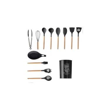 Imagem de Kit de Utensílios para Cozinha com 13 Peças, Silicone e Aço Inox com Cabo em Madeira MDF, Cinza, Livre de BPA, Suporta até 230ºC