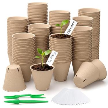 Imagem de DJGINRO Pacote com 150 vasos de turfa, kit inicial de mudas redondas de 8 cm, recipientes marrons para berçário de jardim com etiquetas de plantas e ferramentas de transplante