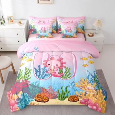 Imagem de Erosebridal Conjunto de edredom solteiro kawaii rosa, 7 peças, para meninas, desenho animado fofo com letra W, para crianças, adolescentes e adultos, conjunto de cama de salamandra de animais do