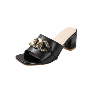 Imagem de Sandálias femininas confortáveis de salto alto com bico aberto de cor sólida para uso casual plus size., Preto, 36