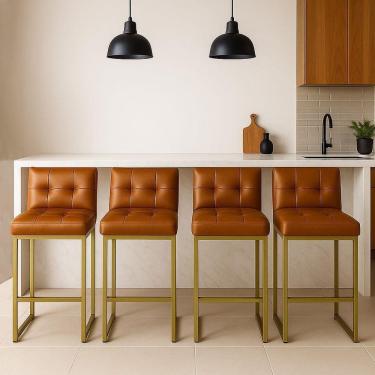 Imagem de Banqueta Cozinha Alta Com Encosto Industrial Kit 4 Dourado Lirina Pu C05 - D`rossi Whisky