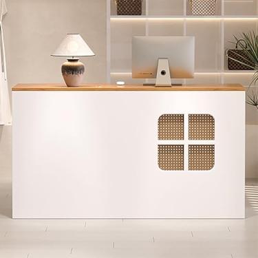 Imagem de Mesa de recepção moderna com gaveta trancável e orifício para cabo, mesa de balcão frontal branca para loja de varejo, 80 x 45 x 90 cm