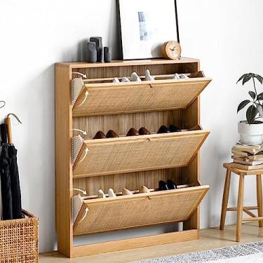 Imagem de Armário de sapatos de vime com portas de trama natural de vime, sapateira independente com 3 gavetas dobráveis - Organizador de sapatos de madeira (68 cm C x 18 cm P x 120 cm A) - Cor de madeira