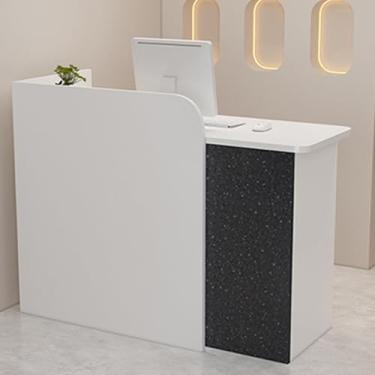 Imagem de Mesa de recepção moderna com gaveta com trava, elegante balcão de varejo com ilhós de cabo, elegante balcão de compras para negócios, balcão frontal preto para escritório ou loja (99,8 cm)