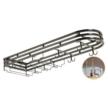 Imagem de Rack de vinho suspenso de metal preto - Suporte flutuante para copo de vinho de ferro para bar doméstico, sala de jantar e cozinha - Prateleiras de armazenamento elegantes e suporte de exibição para