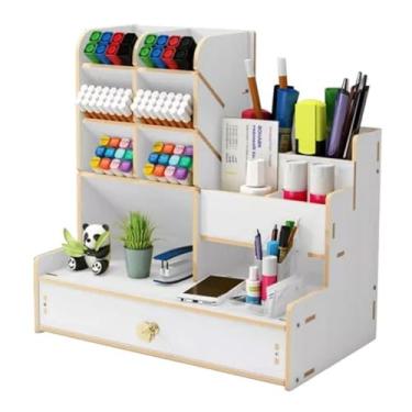 Imagem de Organizador de Mesa Escritório Multiuso - Com Gaveta e Nicho de MDF, Ideal para Canetas, Utensílios e Pequenos Documentos (Branco)