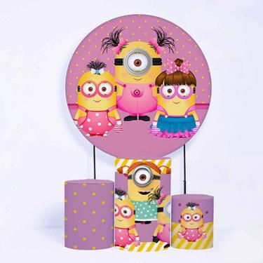 Imagem de Kit Painel de Festa Redondo de 1,80m e Trio de Cilindros Minions - Fera Print