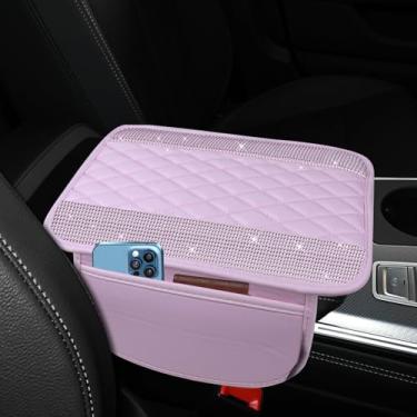 Imagem de Ongfuwu Capa de couro brilhante para console central de carro, capa de descanso de braço automotivo de strass de cristal de 30 cm x 19 cm com bolsos laterais, protetor universal de apoio de braço para