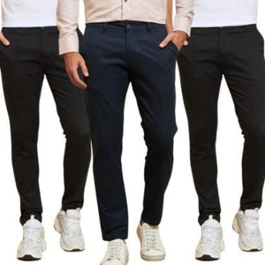 Imagem de Kit 3 Calças de Sarja Chino Com Bolso Traseiro Embutido Alfaiataria-Masculino